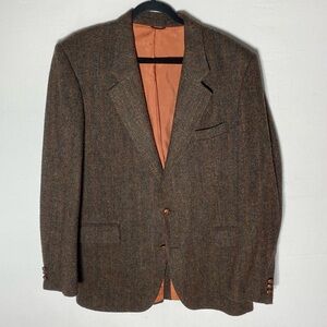 Vintage Harris Tweed Classic Brown Wool  Herringbone Blazer 42L Dadcore Academia